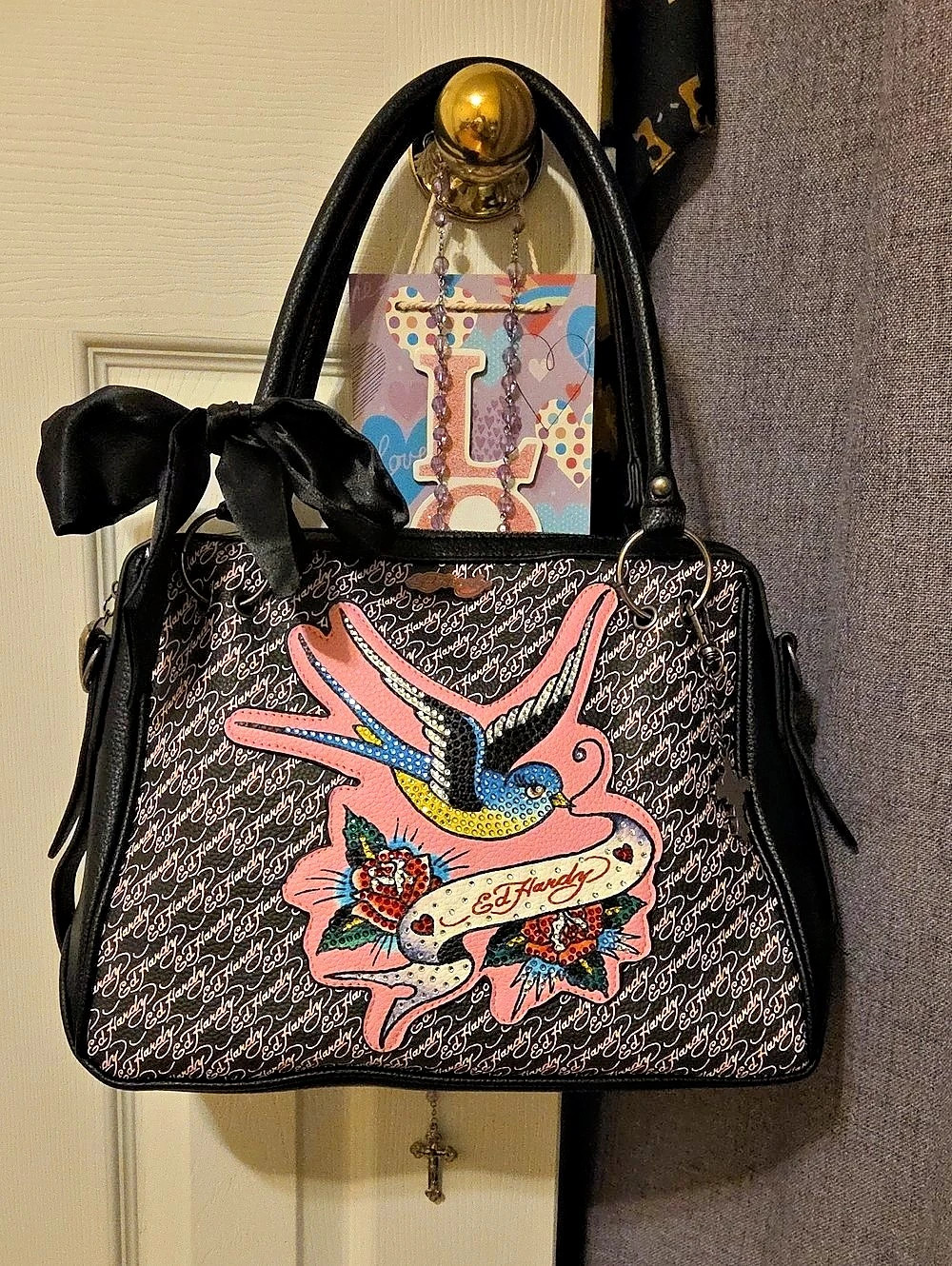 Ed Hardy Embellished Shoulder Bag in Black & Pink Like New